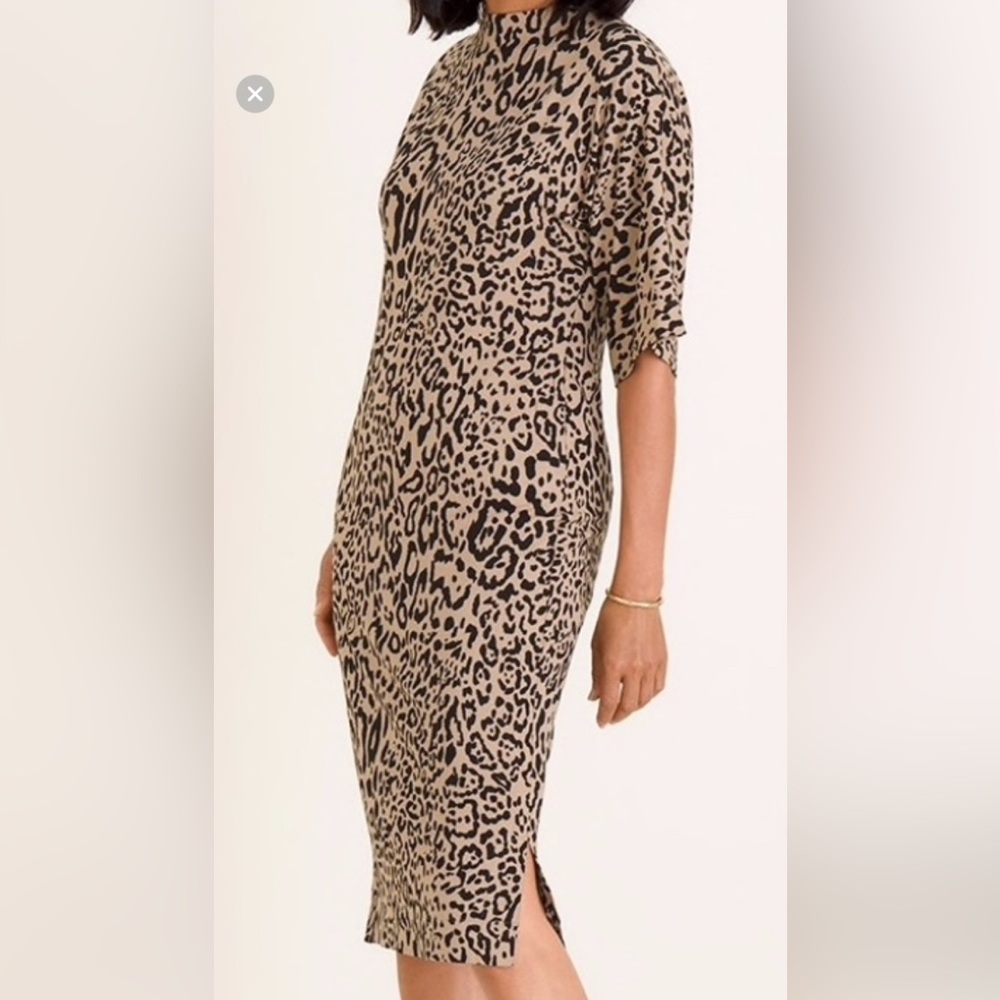 CHICOS Leopard Cheetah Midi Dress Lined Stretchy Tan & Black 3